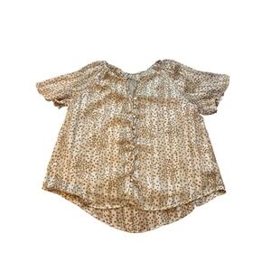 Lush Floral Blouse Women Cream Gold Boho Shimmer Button Front SIZE S